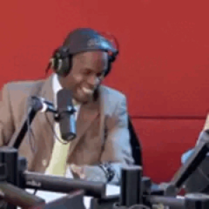 Laughing at the mic