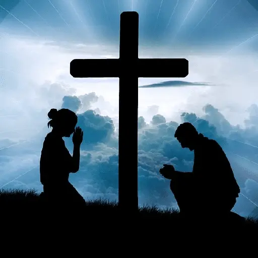 Kneeling in Prayer by the Cross