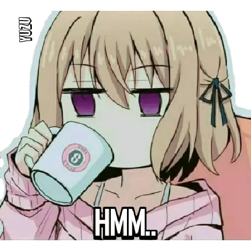 Anime girl sipping coffee thoughtfully